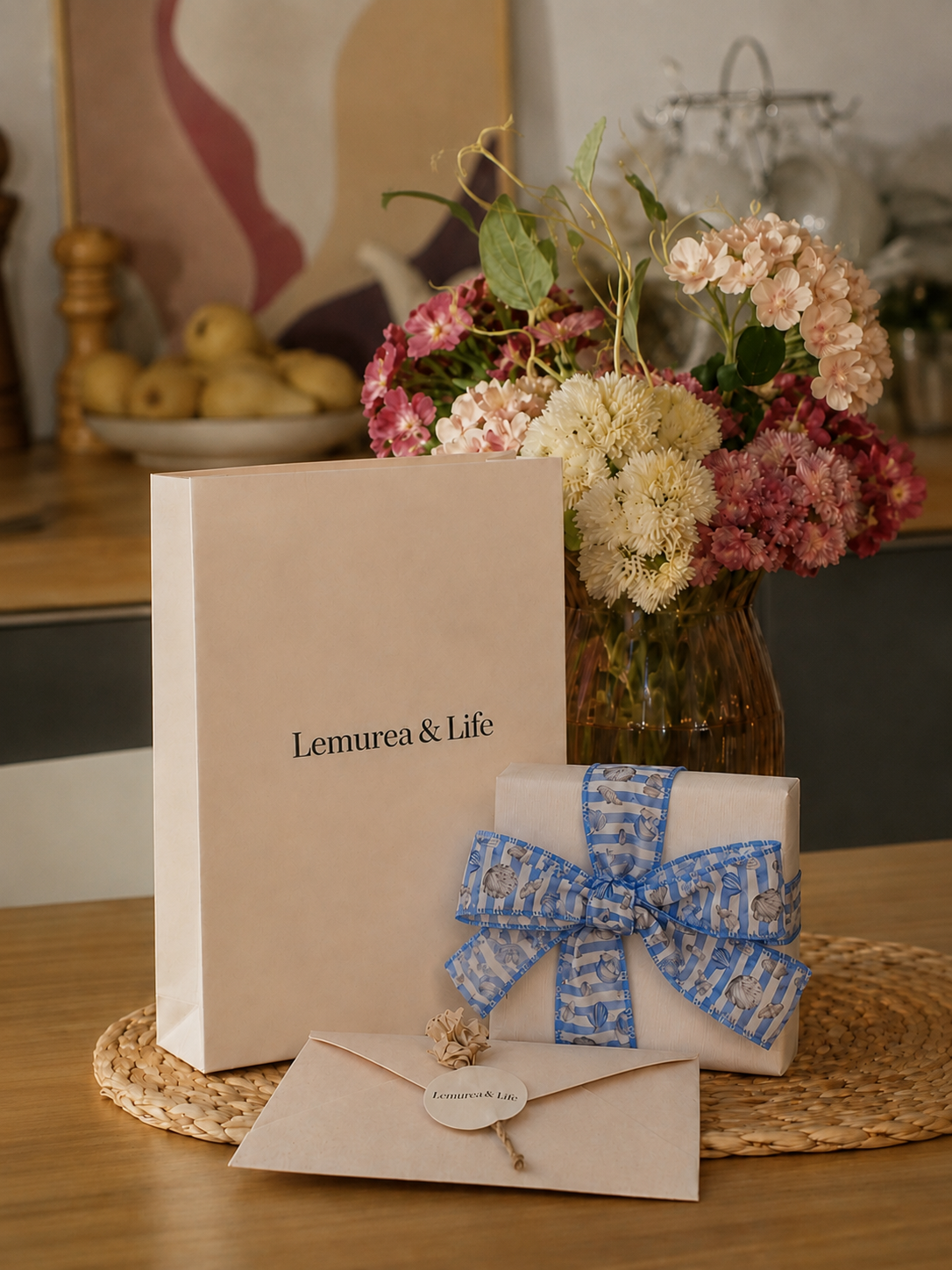 Lemurea gift packaging with signature blue ribbon
