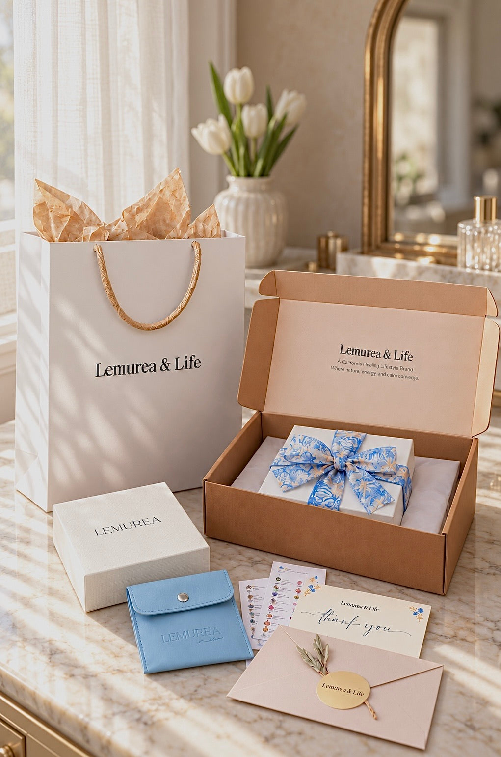 Lemurea bracelet gift packaging with presentation box, gift bag, bracelet box, pouch, and cards