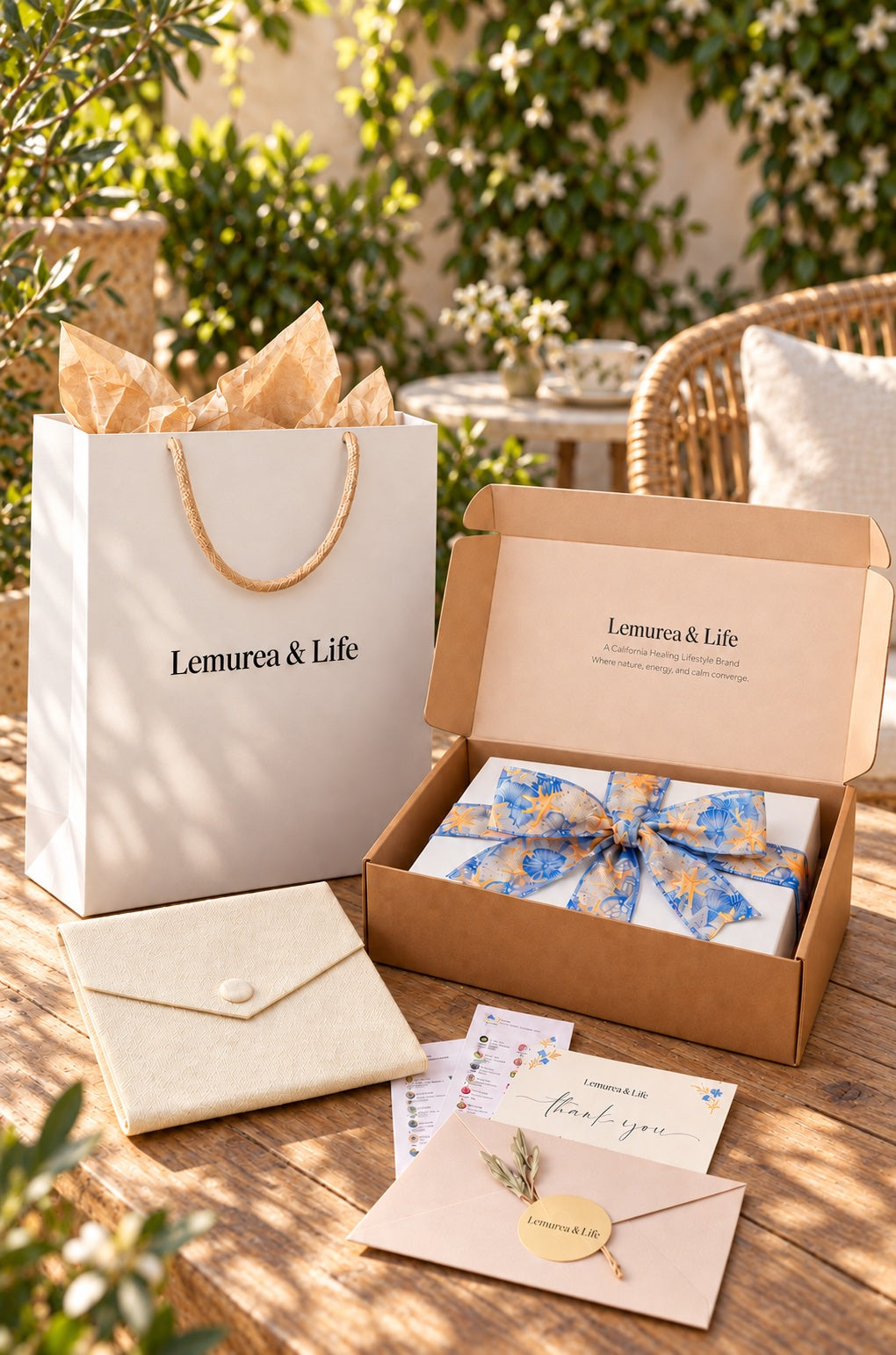 Lemurea necklace gift packaging with presentation box, gift bag, pouch, and cards